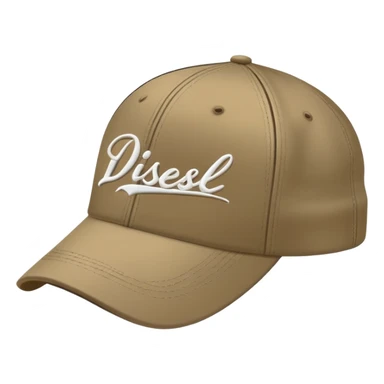 Dark khaki Diesel cap with white cursive 'Diesel' script writing and Diesel logo underneath, no person, isolated baseball cap sticker