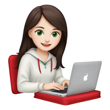 Long dark brown haired, white skinned, dark green eyed girl in white clothes girl sitting in macbook with a red case  sticker