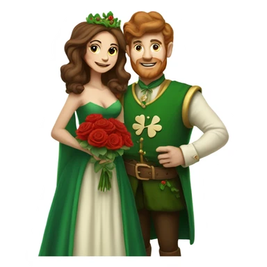 Short leprechaun giving red roses and clovers to tall brown haired queen sticker