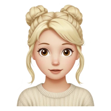 blonde hazel eyes woman with a white cable knit sweater and one messy bun with tendrils of hair flowing down her face and she is happy pale, some freckles, blush. she has a cateye wing and long lashes sticker