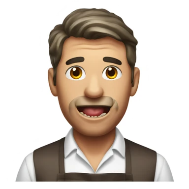 Man in apron biting into steak sticker