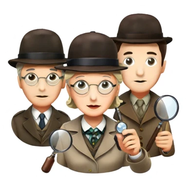 Icon for Detective Movies: A colorful collage with Sherlock Holmes, Miss Marple, and Pinkerton. Include magnifying glasses, clues, detective tools, a criminal and a policeman in the background. The design should evoke mystery and intrigue, with a classic detective movie feel. Transparent background. sticker