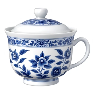 traditional Chinese tea cup with blue and white porcelain design sticker