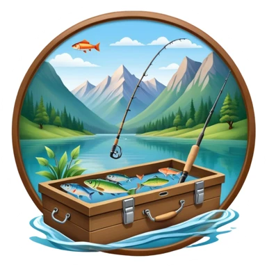Icon for Fishing Travel: a boat on a calm lake surrounded by mountains and lush greenery, with fish jumping out of the water, a fishing rod, tackle box. The icon should capture the peaceful and adventurous nature of fishing trips. Transparent background. sticker