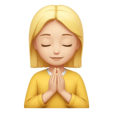 A 3D Apple-style yellow round emoji, calm and patient expression, closed eyes with a gentle smile, hands together in front as if waiting or praying, soft relaxed eyebrows, subtle glow around the head to symbolize patience, clean minimal background sticker