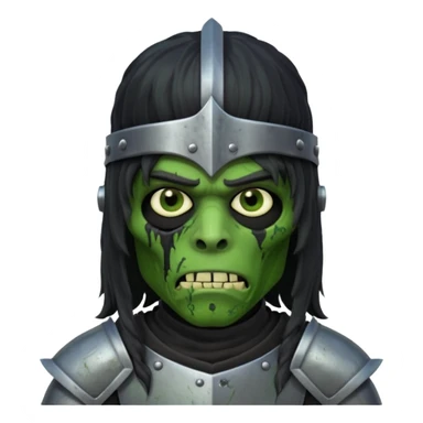 A black male with long black rough hair wearing a knight helmet with green zombie skin  sticker