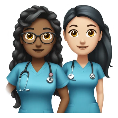 Best friend nurses in blue scrubs one has glasses and long black hair in a pony tails, the other has long dark brown hair and  freckles sticker