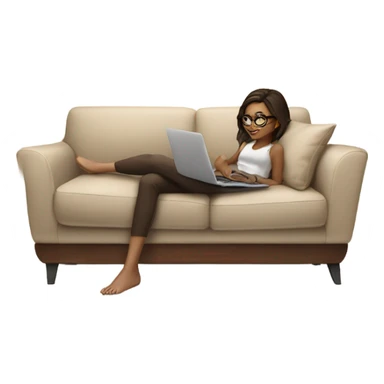 brunette girl laying on a cream colored couch with brown pillows with glasses on and a laptop on small table in front with coffee cup on mouse pad sticker