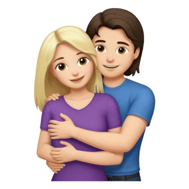 A happy boyfriend and girlfriend hug. She is brunette sexy with long hair. He is blonde short hair sticker