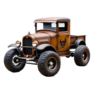 1:10 off-road lcg smoking rusting Basher style 1927 blackened tarnished hotrod rat rod streamlined anime vampire ghostly Dodge zombie infected extended-cab rc bulging pickup (extra wide low-profile pin tires chrome wheels with fenders) sticker