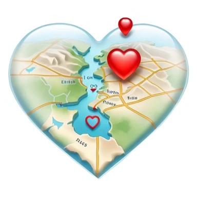 Translucent ethereal map with actual cartographic details, red heart markers for relationships and different colored pins for various emotional experiences sticker