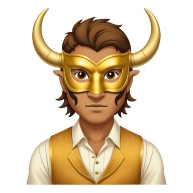 a man, with a vest,  wear half-face golden Buffalo masquerade mask sticker