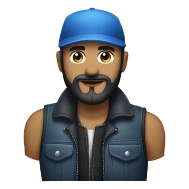 a man with a midium black beard, a blue cap, a sleevless vest and a harley blue motorcicle sticker