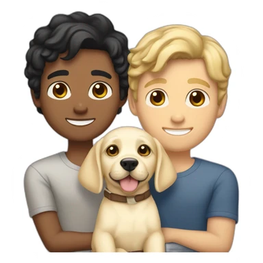 gay-couple,-1-guy-straight-blackhair australian-and-1-australian-white-guy-with-blackhair-slightly-curly-holding one light yellow labrador retriever puppy one labrador retriever puppy sticker