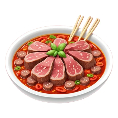 Fuqi Feipian sliced beef and offal in chili oil, simplified emoji style with bold outlines and bright colors, cartoon style Husband and Wife Lung Slices appetizer sticker