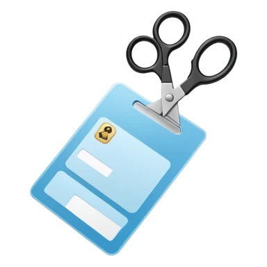 Floating black Scissors cutting a light blue military ID card in 2 parts .hyper realistic sticker