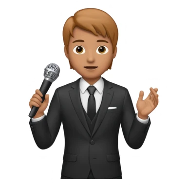 Man in suit with microphone with tan hair sticker