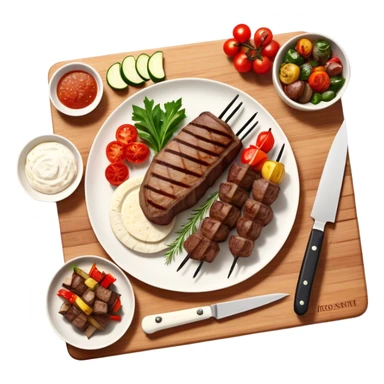 icon featuring cooking: a chef's hat, a cutting board with fresh ingredients, a knife, a plate with a well-plated dish, a beautiful ribeye beef steak, and beautifully arranged shashlik skewers placed across. Bright, detailed design with realistic textures and lighting. Transparent background. sticker
