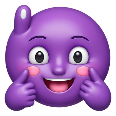 "A glossy 3D purple emoji character with shiny, reflective surface, puffed cheeks as if holding in laughter, eyes squinting mischievously, white cartoon hands — one covering its mouth and the other pointing upward with the index finger. Cute, exaggerated facial expression, smooth rounded shape,  sticker