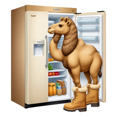 A white kitchen refrigerator with camel head poking out from an open door and furry camel legs wearing classic wheat-colored Timberland boots sticker