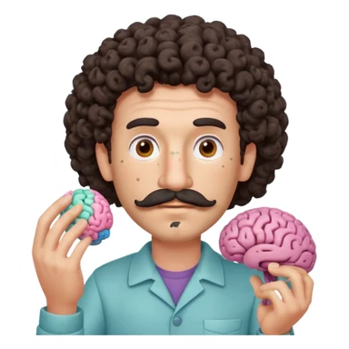 Enhance the claymation man holding a brain by adding more depth and dimension to the image. Make him more attractive and quirky, inspired by the first version, with dark curly hair, thick mustache, light skin, freckles, more movement, claymation style, visible fingerprints, and pastel colors. sticker