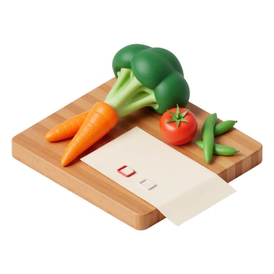 3D isometric illustration of a wooden cutting board with fresh vegetables (carrot, broccoli, tomato, peas), a paper grocery list with checkboxes, soft lighting, realistic textures, floating shadows, minimalistic style, dark background, modern food planning app aesthetic sticker