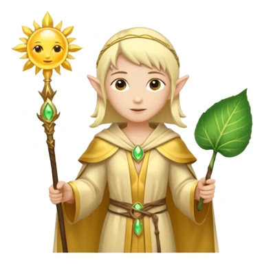 {
      "type": "human",
      "look": "light elf healer, golden robe, staff with leaf and sun",
      "description": "a light elf healer wearing a golden robe and holding a staff with leaf and sun"
    } sticker