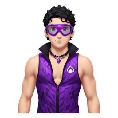 male athlete with white skin and moderately curly black hair on top with shaved sides, wearing ski goggles with purple frames and very dark black lenses, a simple plain black chain necklace, and a completely unzipped sleeveless vest with purple and black sequin fire pattern design, fully revealing his chest, shoulders and arms, no earrings sticker