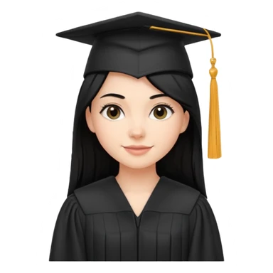 white girl with straight black hair, standing proudly in black graduation cap and gown, subtle smile sticker
