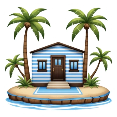 A full square 1 by 1   white and blue stripe building  horizontally with brown wooden door on a island with palm trees  sticker