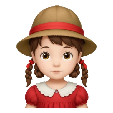 baby girl with brown hair and pigtails with red dress and a hat like My Neighbor Totoro movie sticker