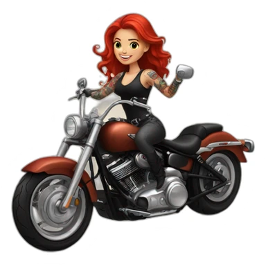 A pretty red haired girl with a lots of tattoos riding a Harley motorcycle on the back wheel sticker
