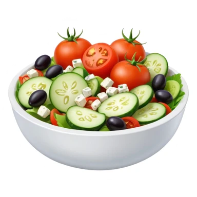 mediterranean salad bowl object icon, tomatoes, cucumbers, olives, feta cheese, olive oil dressing, 3D cartoon, mobile game icon style, clean background, no text, no watermark
 sticker