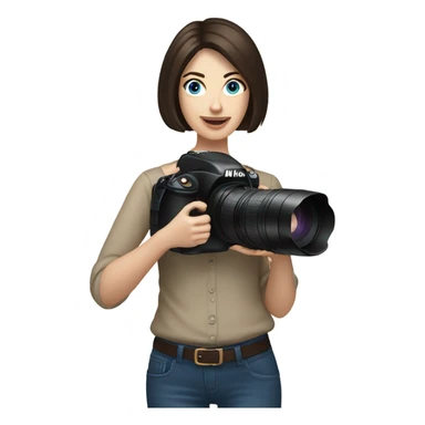 Portrait of woman with blue eyes and dark brown bob hair holding a nikon camera sticker