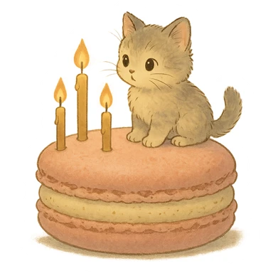 kitten riding giant macaron with candles, soft Ghibli style sticker
