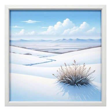 Cinematic Realistic Tundra Emoji in a wooden frame, Vast and cold, with wide expanses of snow-covered ground, sparse grasses poking through, and the occasional hardy shrub breaking up the pale white landscape. The sky above is a pale, frosty blue, and the light reflects off the snow, creating a serene yet starkly beautiful environment. Soft glowing outline, capturing the essence of a quiet, still, frozen wilderness where life endures despite the harsh conditions. sticker