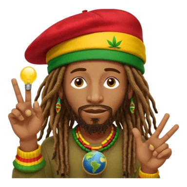 A rasta man bigging up di whole world 🎯🌍👊🏾👊🏻👊🏿🌍🎯 reggae vibes 🎶, love and unity ✨💛💚❤️, every nation stand strong 🇯🇲🌐 with the world in his hand fully of energy and it's obvious reggae music heals the soul maybe put it in text above his heard sticker