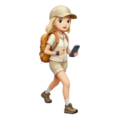 Full body woman hiking on mountain trail cream clothes baseball cap sticker