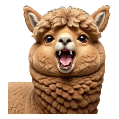 Cinematic Cute Yawning Brown Alpaca Portrait Emoji, Head tilted slightly with a dramatic, wide-open yawn, showcasing a soft, plush brown fleece with gently drooping ears, round warm eyes barely open in drowsy contentment, Simplified yet irresistibly adorable features, highly detailed, glowing with a soft, cozy glow, high shine, relaxed yet expressive, stylized with a touch of whimsy, bright and endearing, soft glowing outline, capturing the essence of a sleepy yet affectionate alpaca, so drowsy it feels like it could stretch out of the screen and curl up for a nap! sticker