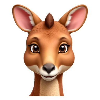 Cinematic Cute Adult Red Kangaroo Portrait Emoji, Head tilted playfully and inquisitively, showcasing a charming, robust build with soft reddish fur and a uniquely camel-like head featuring a gentle, elongated snout and rounded ears, with large, sparkling eyes full of wonder, Simplified yet irresistibly adorable features, highly detailed, glowing with a warm, friendly glow, high shine, affectionate and lively, stylized with a touch of outback whimsy, soft glowing outline, capturing the essence of a mischievous yet loving kangaroo that seems as if it could hop out of the screen into your arms! sticker