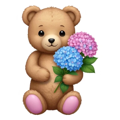 light brown teddy bear holding a pink and blue hydrangea bouqet sticker