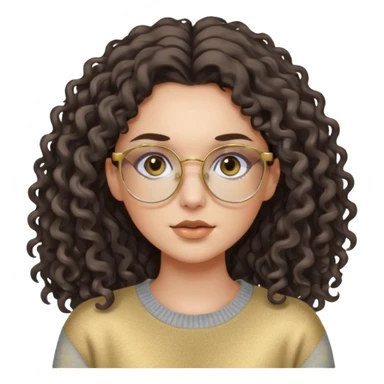 aesthetic white girl with dark brown, long curly hair and black eyes  , light grey sweater top and gold glasses sticker