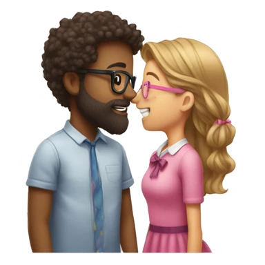 a girl with no glasses and long hair with a pink bow in her hair kissing a boy who has a beard and glasses and also wearing a bow on his head sticker