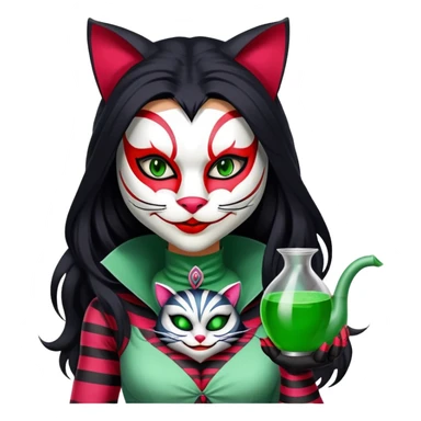 a deadly woman with tan skin, long black hair, wearing a white Cheshire cat mask with red stripes. She’s dressed in a sleek green assassin outfit and holds poison-tipped claws. sticker