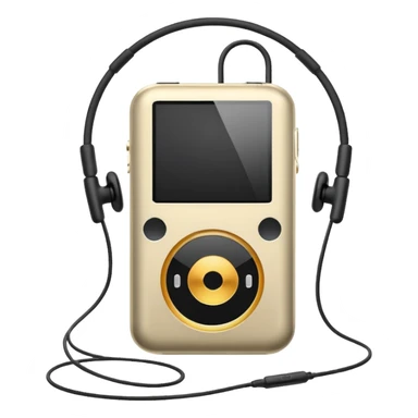 Futuristic iPod emoji with earphones, metallic black and white, smooth reflective surfaces, flat minimal vector design, clean UI style sticker