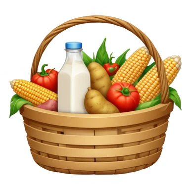 harvest food basket with potatoes, corn, tomato, pepper, meat, milk sticker