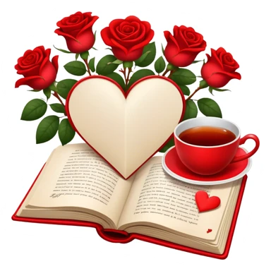 Icon for Romance Reading: an open book with a heart-shaped bookmark, surrounded by roses, a love letter, and a cup of tea. The icon should evoke the warmth, passion, and emotional depth of a love story. Transparent background sticker