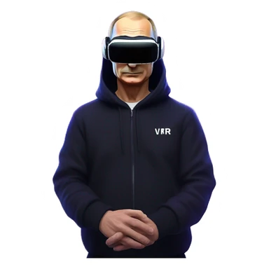 Vladimir Putin wearing a black hoodie with "OMG" letters on it and VR headset oculus quest 2 in a cyberpunk VR environment with violet neon lighting. sticker