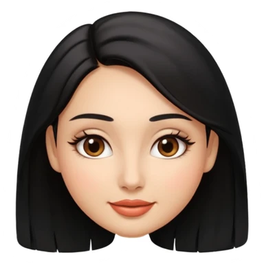 Feminine woman Softly rounded, healthy face — slightly curvy and feminine, not overweight.
Warm tan skin, brown eyes with long lashes, full glossy lips, gentle smile.
Shoulder-length black hair framing the face.
Clean, polished emoji look, soft shading, neutral background. sticker