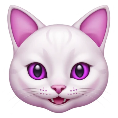 White cat happy smiling with teeth showing, light pink inner ears, magenta purple eyes, looks like discord's :smiley_cat: emoji sticker